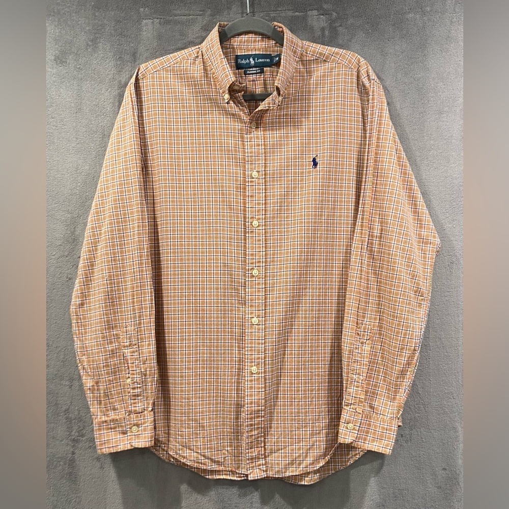 Ralph Lauren Oxford Button Up Orange Plaid Shirt Classic Fit Men’s Size Medium